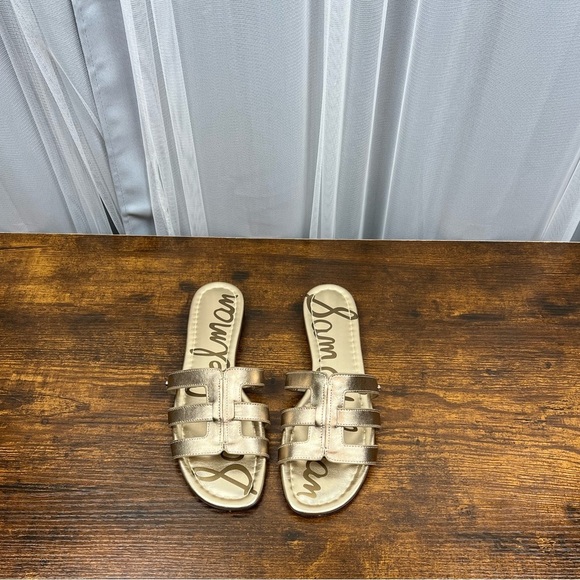 Sam Edelman Gold Bay Sandals Slides Stacked Mini Heel Women’s Sz 7.5 - Picture 3 of 11